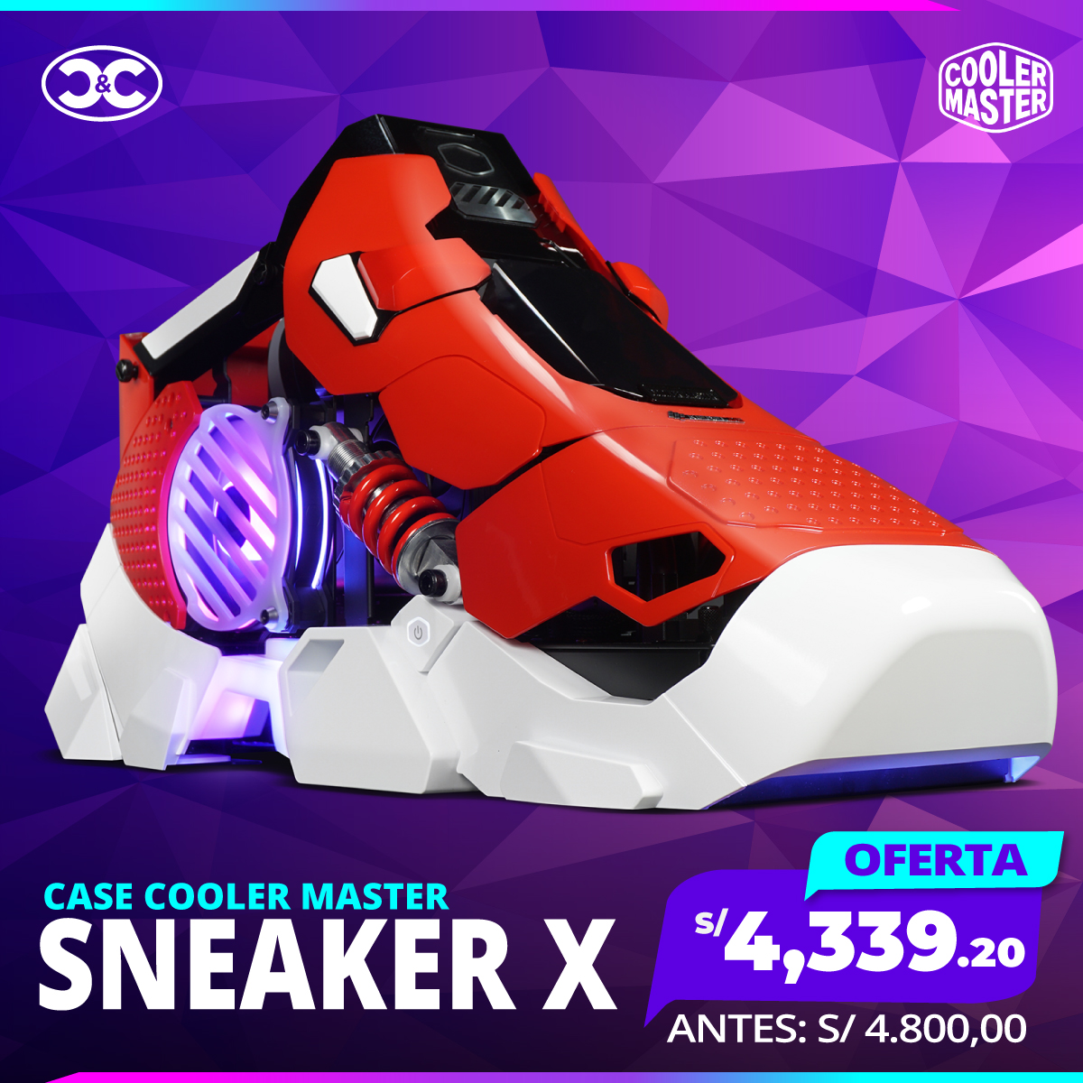 CASE COOLER MASTER SNEAKER X RED ADVANCED SYSTEMS INCLUYE FUENTE SFX 850W GOLD + REFRIGERACION FLUX 360 + 1 COOLER MF120 HALO